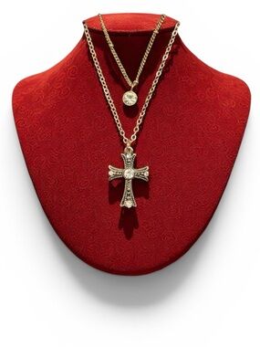 Gold Layered Sparkling Cross Pendant Necklace & Crystal Solitaire. NWT